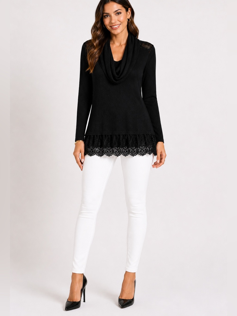 Ransom Black Cowl Neck Lace Hem Sweater Tunic Medium Boho Romantic